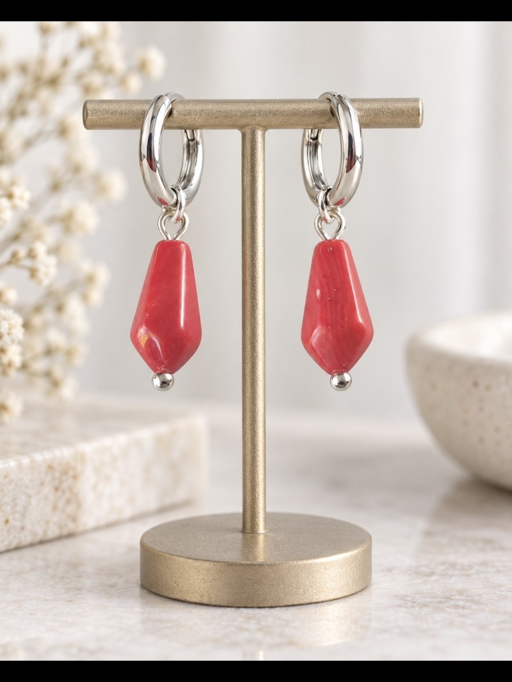 Stalinelss Silver Hoop Earrings with Red Bamboo Coral Drops